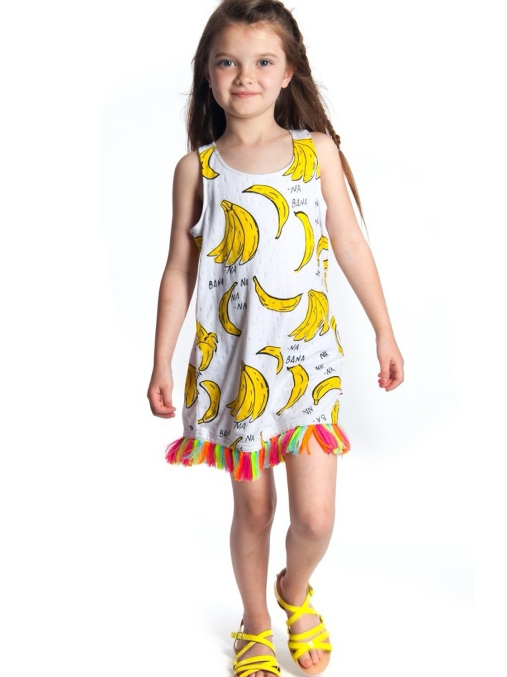 Appaman White Banana Print Tank Dress with Rainbow Fringe